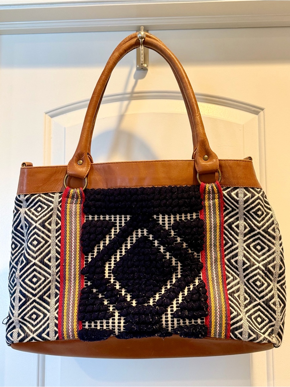 Noonday Collection Tan, Black, White Woven Tote with Colorful Stripe Details